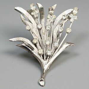 Vintage Signed KRAMER Clear Rhinestones Brooch Floral Spray Bouquet Mid Century